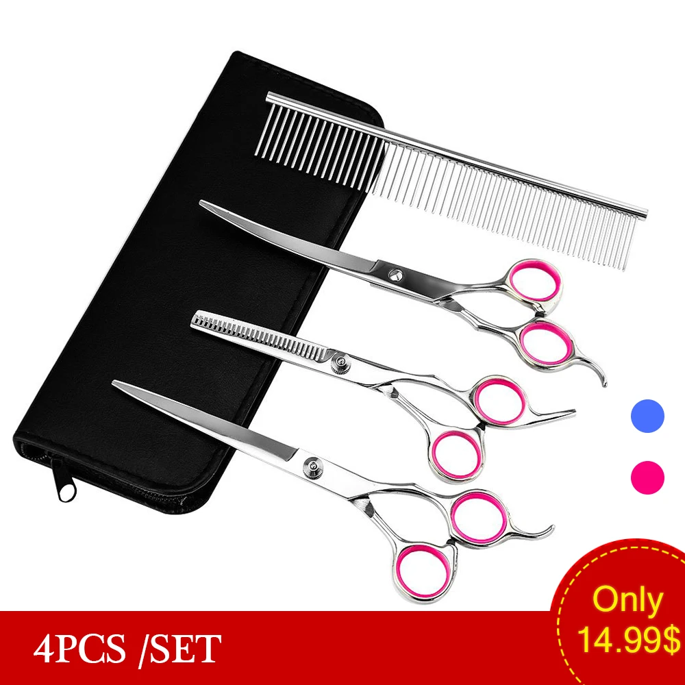 4PCS/SET Pet Grooming Scissors Set Straight Curved Cutting Thinning Shears Kit for Dog Cat Tesoura Para Hair Shears Dog Clippers