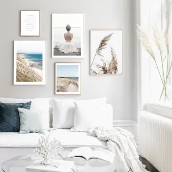 

Beach View Girl Grass Reeds Poster Nordic Canvas Wall Art Print Nature Landscape Painting Decorative Pictures Scandinavian Decor