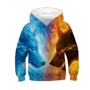 

Kids Boys Girls Wolf Print Hoodies Ice Fire Color Matching Digital Printing Sweatshirts European American Style Children Tops