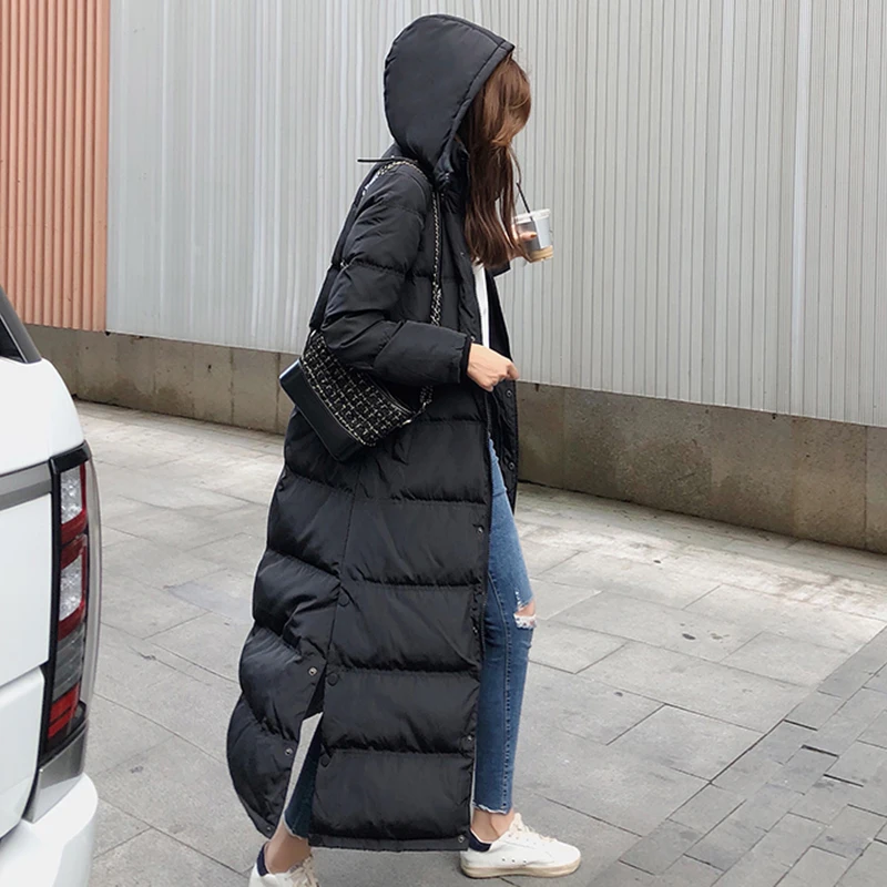 Белый пуховик на утином пуху, женское плотное удлиненное зимнее пальто, женское однобортное пальто с капюшоном в Корейском стиле, женский пуховик размера плюс