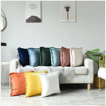 

Soft Velvet Cushion Cover with Pompom Ball White Yellow Blue Pillow Cover Bedroom Sofa Decoration Pillow Cases 30x50cm/45x45cm