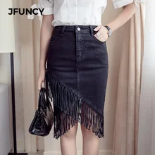 JFUNCY новая весенняя Летняя женская джинсовая миди юбка с высокой талией и кисточками, облегающая юбка-карандаш, сексуальная элегантная джинсовая юбка черного и синего цвета