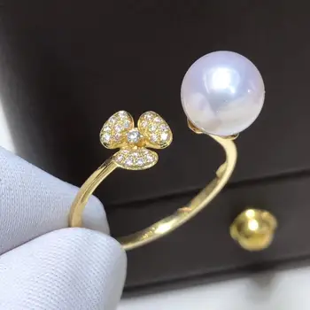 

D417 Pearl Ring Fine Jewelry Solid 18K Gold Round 8-9mm Natural Ocean Sea Water Akoya White Pearls Rings Japan Origin for Women