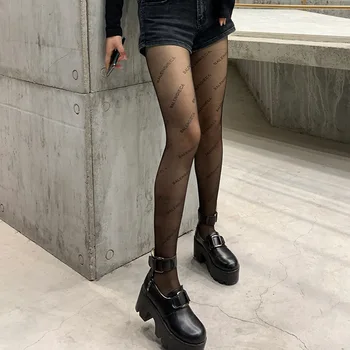 

Women High Elastic Fashion Black Letter Print Stockings Hollow out Sexy Pantyhose Female Fishnet Mesh Transparent Tights