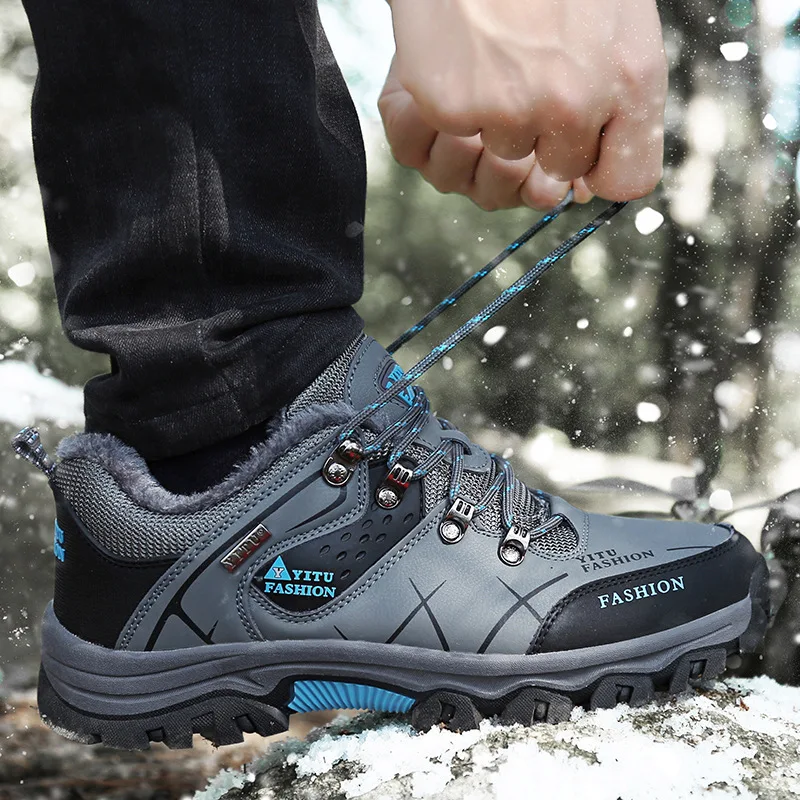 

2019 Winter Anti-slip Extra High plus Velvet Warm Outdoor Mountain Climbing Cotton-padded Shoes Men's Low Top Large Size Hiking