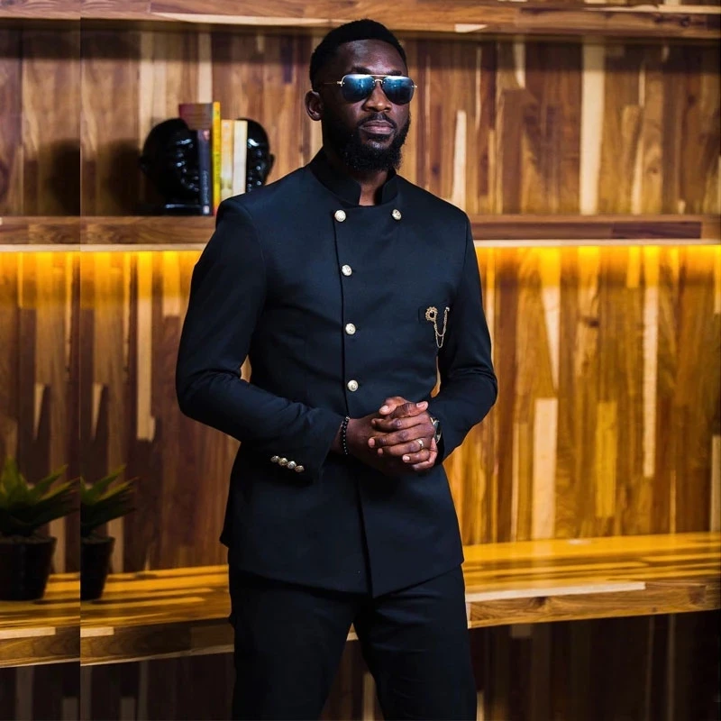 

Fashion African Design Black Men Suits Stand Collar Costume Homme Wedding Prom Terno Masculino Slim Fit Groom Tuxedos Blazer