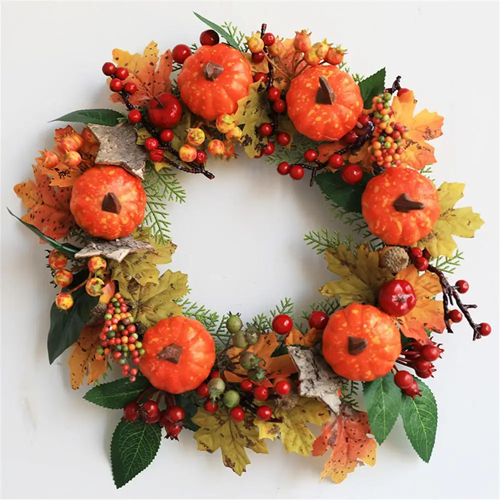 

55cm Halloween Christmas Wreath Autumn Maple Pumpkin Pine Cones Red Berry Decorative Wreath Front Door Garland for home decor