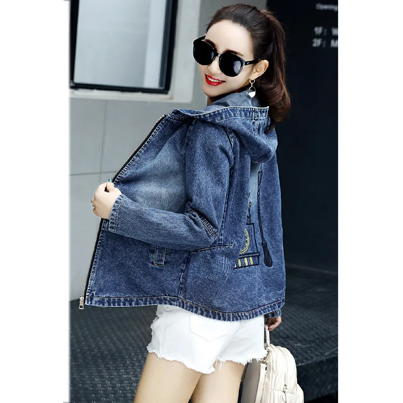 Autumn Winter Women Embroidery Jeans Jacket Korean Long Sleeves Hooded Zipper Denim Jacket Femlale Plus Size Windbreaker