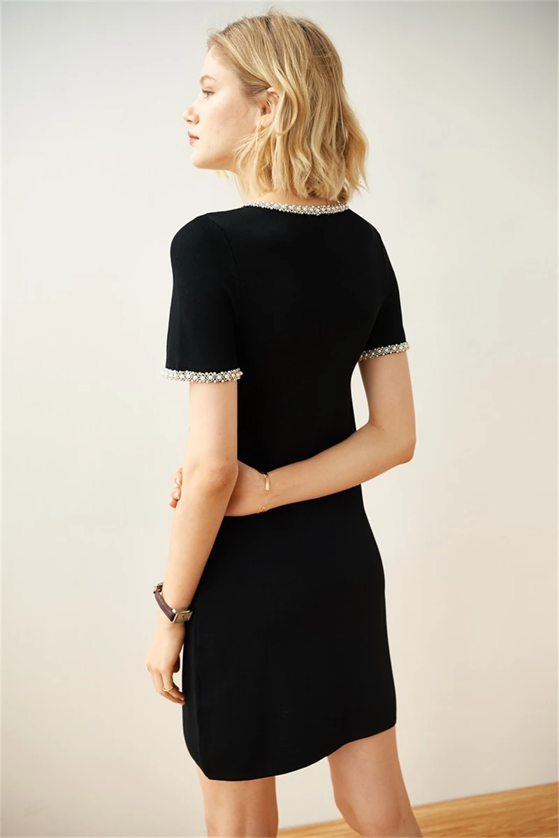 Tunjuefs Slim Fit выдалбливают карманы вязаное платье для женщин Vestido жемчужное Бисероплетение элегантное облегающее платье пуловеры комбинезон