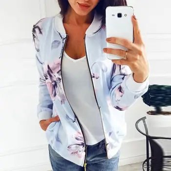 

Floral Printed Summer Women's Jackets Plus Size Short Female Coat Zipper Chaqueta Long Sleeve Women Bomber Jacket