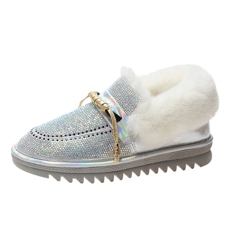 Rimocy/Шикарные Длинные плюшевые зимние ботинки с кристаллами; коллекция года; зимние ботинки на платформе с густым мехом; женская обувь без шнуровки на плоской подошве с хлопковой подкладкой; женская обувь - Цвет: Серебристый