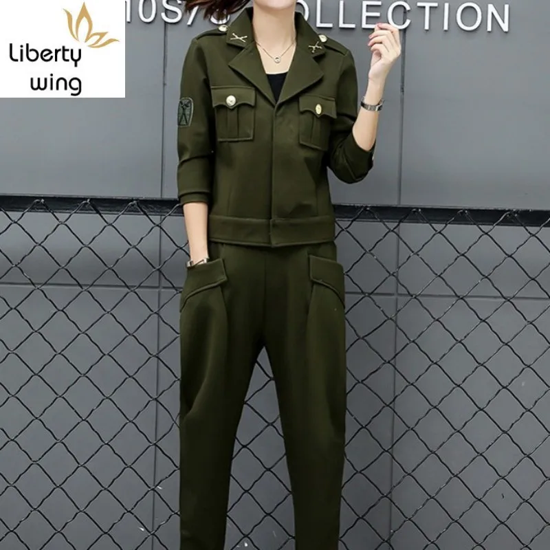 

Женский армейский костюм, комплект из двух предметов: пальто с лацканами и шаровары, спортивная одежда, облегающий костюм в стиле милитари для танцев, размера плюс, L-5XL