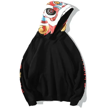 

Fashionable new Chinese style lion waking print hip hop loose large student cartoon couple Hooded Sweatshirt