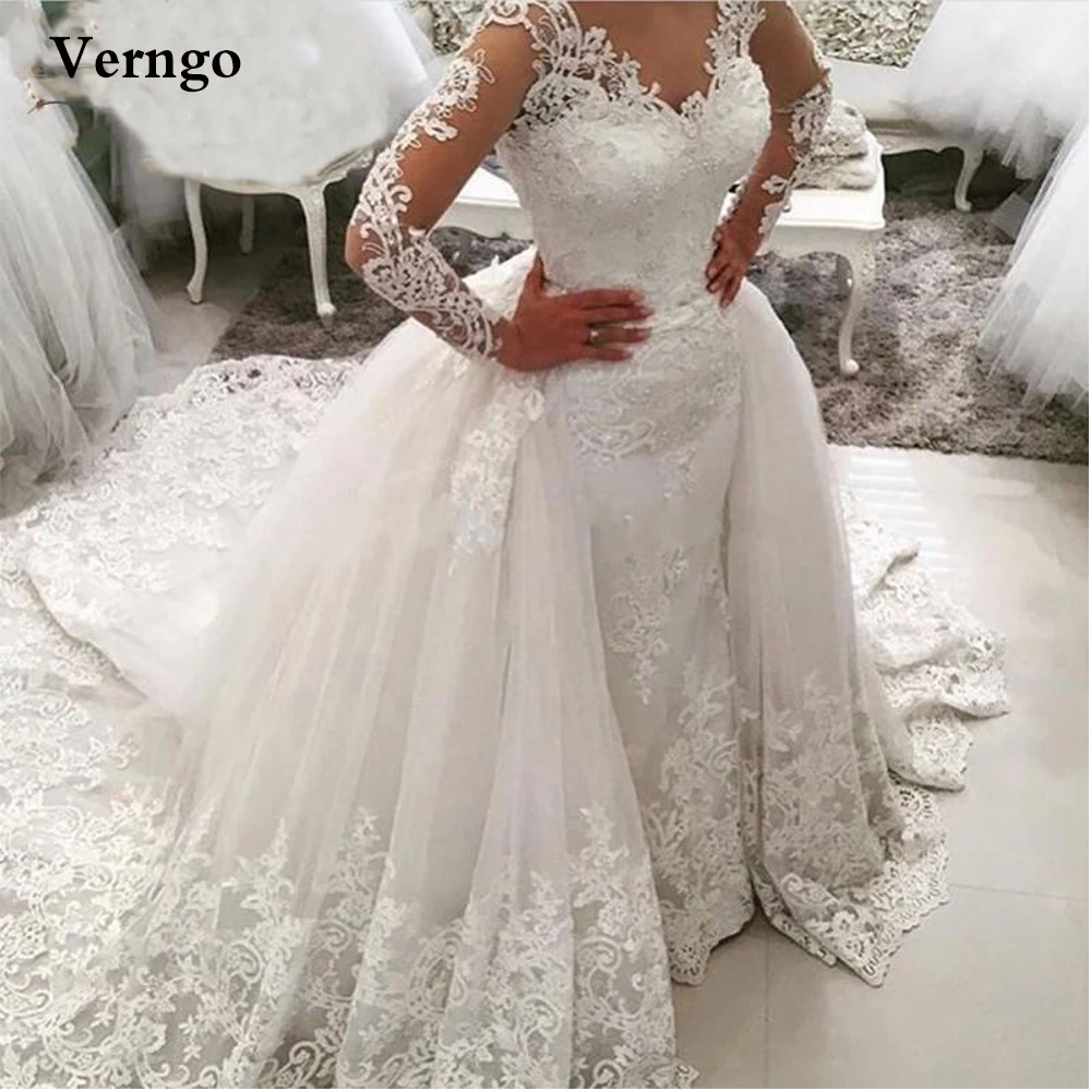 

Verngo Luxury Lace Applique Mermaid Wedding Dress With Detachable Train Illusion Long Sleves V Neck Dubai Arabric Bridal Gowns