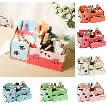 

Hollow Storage Box Multifunction Cosmetic Makeup Desk Organizer Durable DIY Wooden Random Color