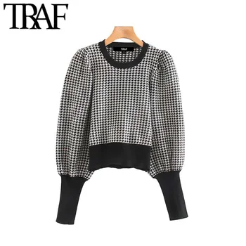 

TRAF Women Vintage Stylish Houndstooth Short Style Knitted Sweater Fashion O Neck Long Sleeve Stretchy Plaid Pullovers Chic Tops