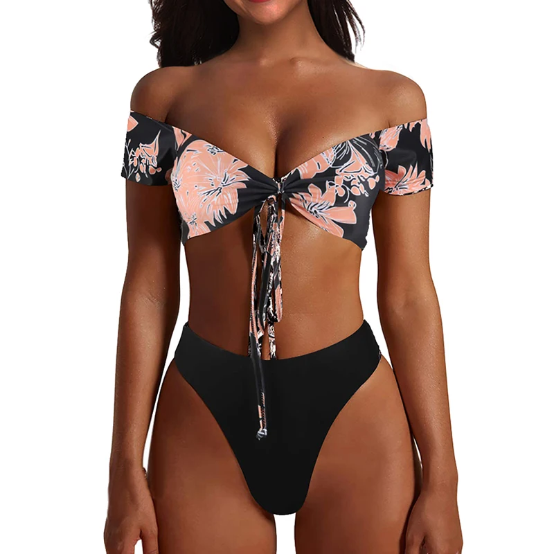 

Women Summer Print High-Waisted Bikini Sets Sexy Off Shoulder Swimsuit Two Pieces Swimwear Women 2019 Beach Bathing Suit