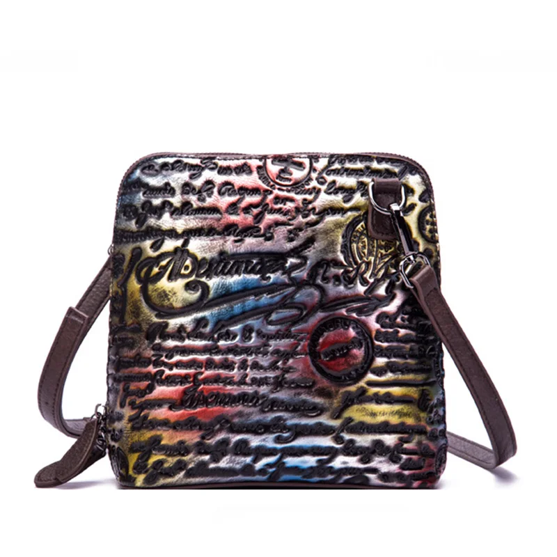 Multicolor Vintage Genuine Leather Women Crossbody Bag New Trend Letter Embossed Female Shoulder Bags Cowhide Brushing Women Bags Handbags - Цвет: Multicolor
