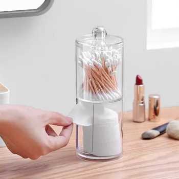 

2 In 1 Makeup Transparent Desk Organizer Round Space Saving Candy Container Multifunction Cotton Pad Storage Box With Lid Jar