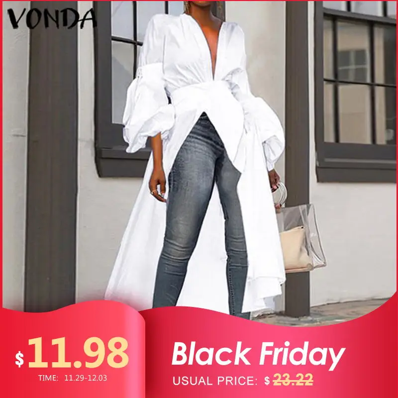VONDA, винтажная блуза с длинным рукавом, женская летняя длинная рубашка с v-образным вырезом, Женская богемная длинная туника с разрезом, S-5XL