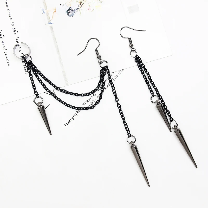 Dangle Earrings Chain Ear Clips Crystal Tassel Earrings Black chain tassel ear-hook Asymmetry Multilayer chain Punk Hip hop personality Jewelry Ear clip For Women Girls