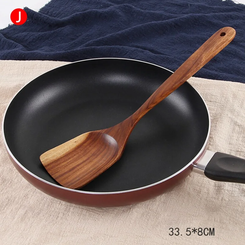 Деревянная посуда набор Антипригарная посуда вилка ложка нож набор кухонная утварь с длинной ручкой лопатка плоская лопатка кухонная посуда - Цвет: J