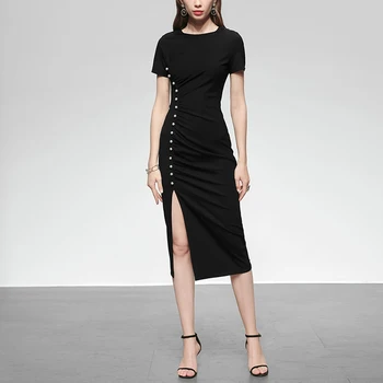 

Seifermann Summer Fashion Runway Bodycon Black Dress Women Knitting Vintage Beading Button Sexy High Split Ladies Midi Dress