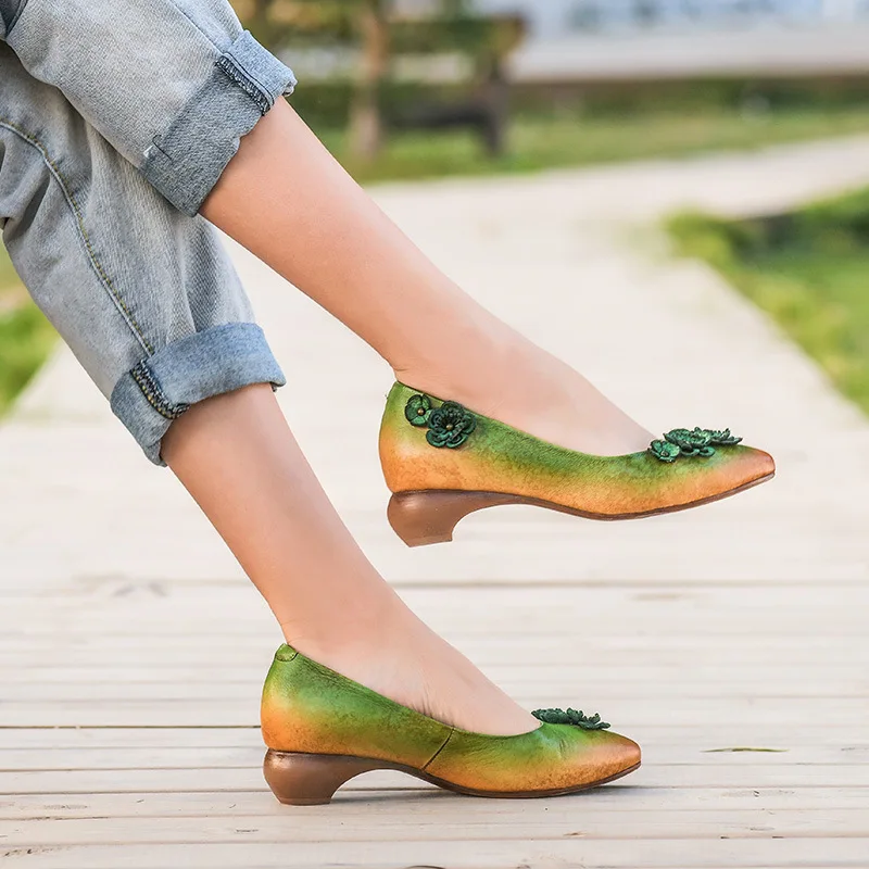 

Guangzhou 2020 Spring New Style Retro Genuine Leather Handmade WOMEN'S Shoes Pointed-Toe Low Heel Cowhide Shoes