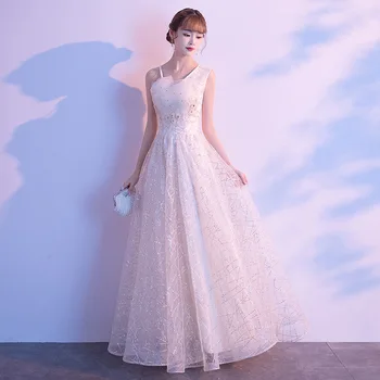 

Champagne Women Wedding Party Dress V-Neck One-Shoulder Evening Cheongsam Elegant Prom Maxi Dress Qipao Long Gown Vestido XS-XXL