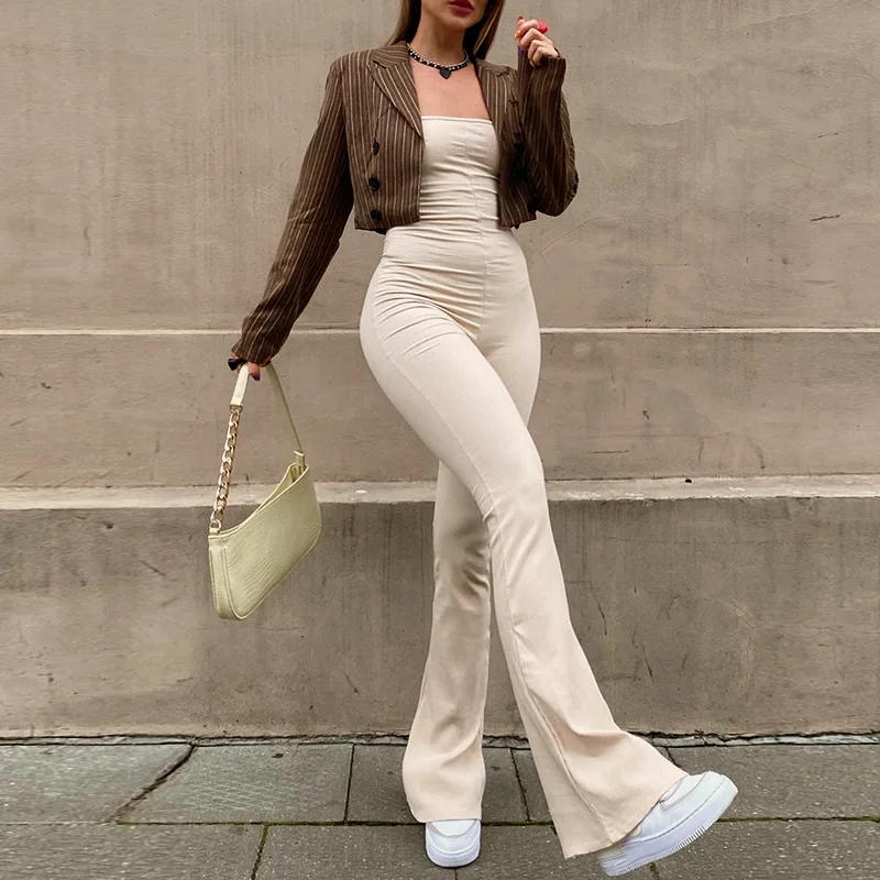 

Autumn Women New Style Solid Color Sleeveless Jumpsuits Elegant Ladies Sexy Lace-up Halter Fashion Casual Boot Cut Pants Rompers