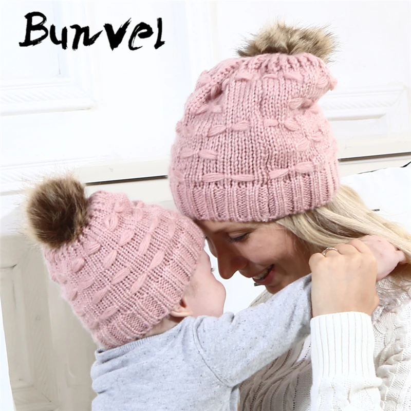 Bunvel Mommy and me Beanie, детская шапка, шапка для маленьких мальчиков, одежда для женщин и мужчин, вязаные теплые зимние шапки для детей, шапка для всей семьи 35 - Цвет: Розовый