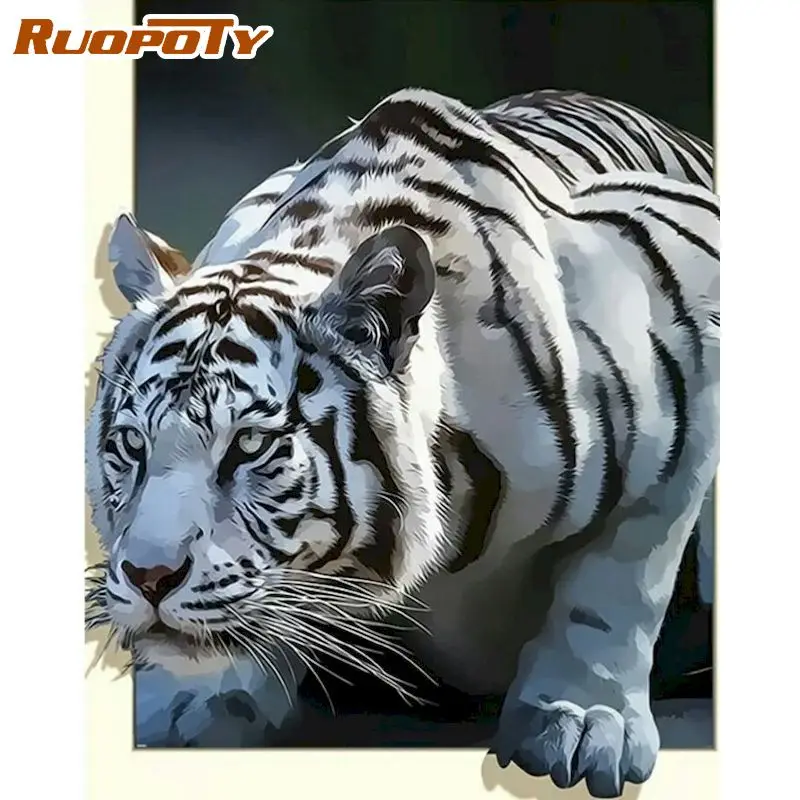 RUOPOTY 60x75cm DIY Frame Painting By Numbers Kits White tiger Animal Paint Unique Diy Gift For Adult Children | Дом и сад