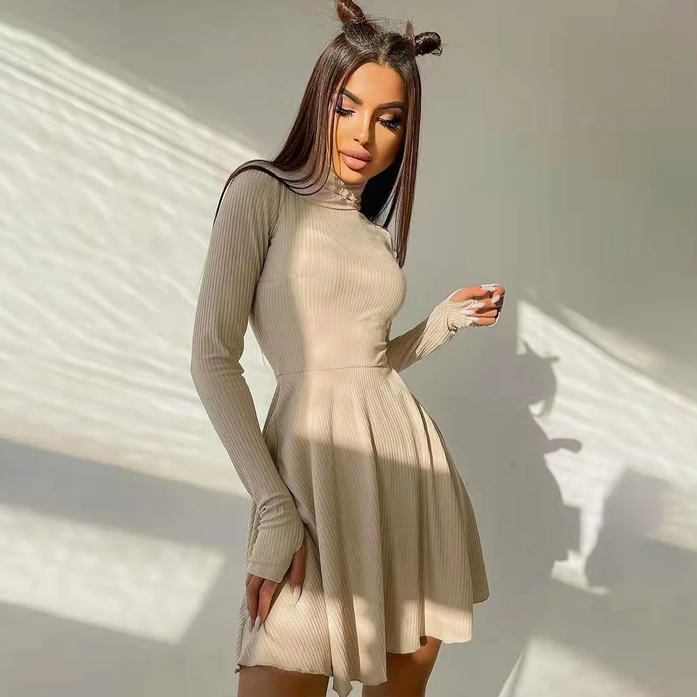 BoozRey Elegant Solid Dress for Women Long Sleeve Knitted Bottoming A-line Pleated Skirt Casual Streetwear Turtleneck Dress Girl