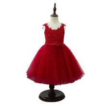 Красное кружевное платье с цветочным узором для девочек Пышное фатиновое бальное платье с круглым вырезом и бантом из ленты; детская одежда праздничное платье для торжеств