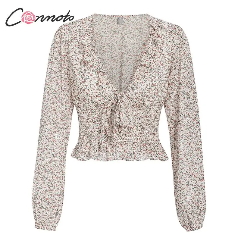 Conmoto floral ruffles vintage blouse women winter sexy bow twist blouses shirts autumn feminino elegant ladies blusas