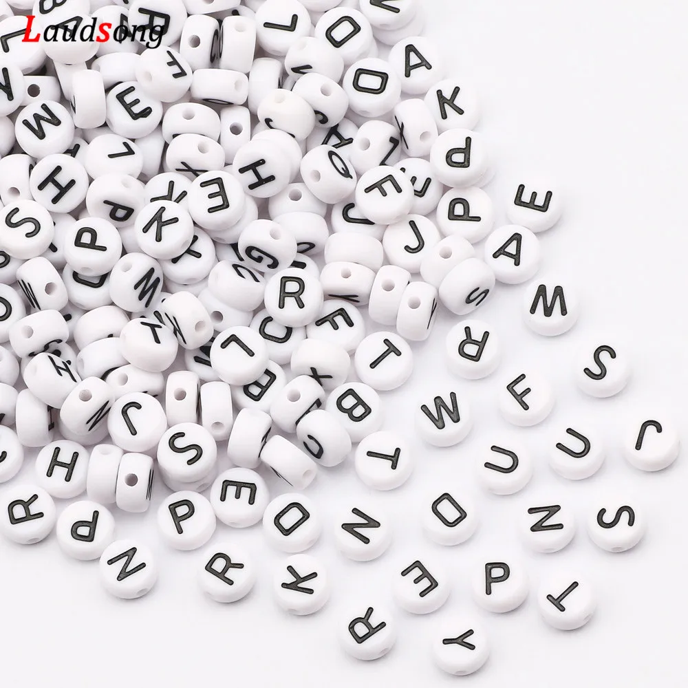 Acrylic Beads 7mm Black White Mixed Letter Acrylic Beads Round Flat Alphabet Spacer Beads for Jewelry Making Handmade Diy Bracelet Necklace