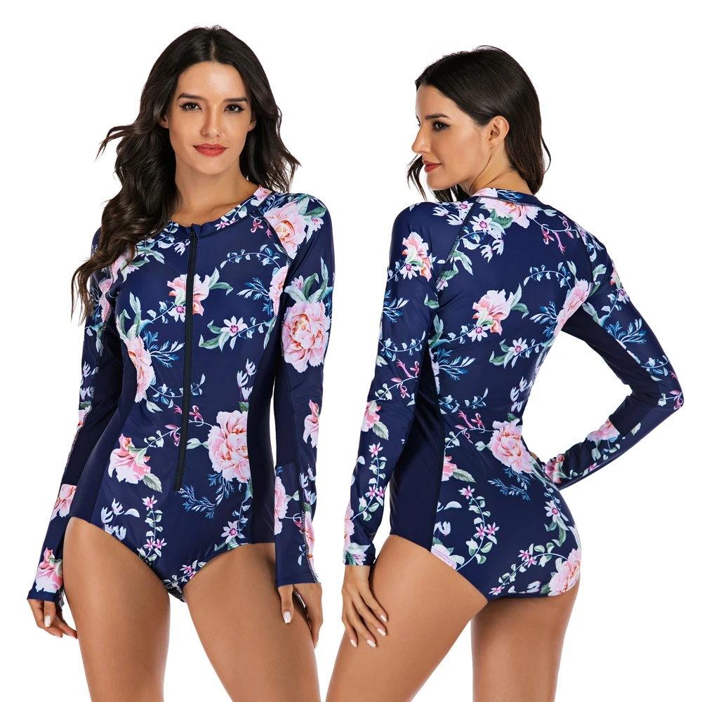 2020 New Women One Piece Rash Guard Long Sleeve Swimwear Push Up Bathing Suit Plus Size Swimsuit Vintage Surfing Swim Suits XXL