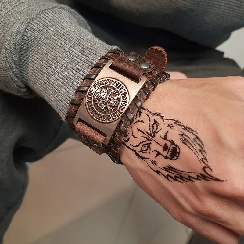Leather Bracelet Punk Vintage Compass Bangles Nordic Runes Odin Symbol Wrap Viking For Men