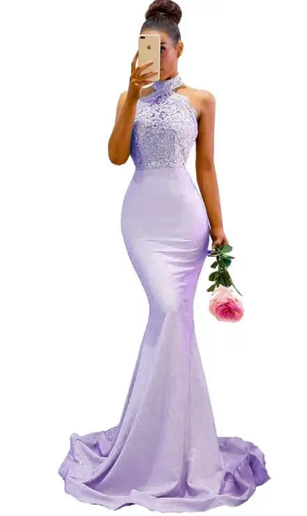 lilac Сексуальные Платья для подружек невесты с аппликацией на шее, кружевные Длинные Платья для подружек невесты, вечерние платья для свадеб с открытыми плечами - Цвет: lilac