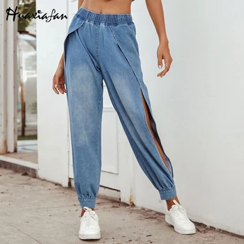 

Huaxiafan Women Pants 2020 New Fashion Spring Women Sexy Elastic Waist Split Jeans Denim long Pants High cut pants for femlae