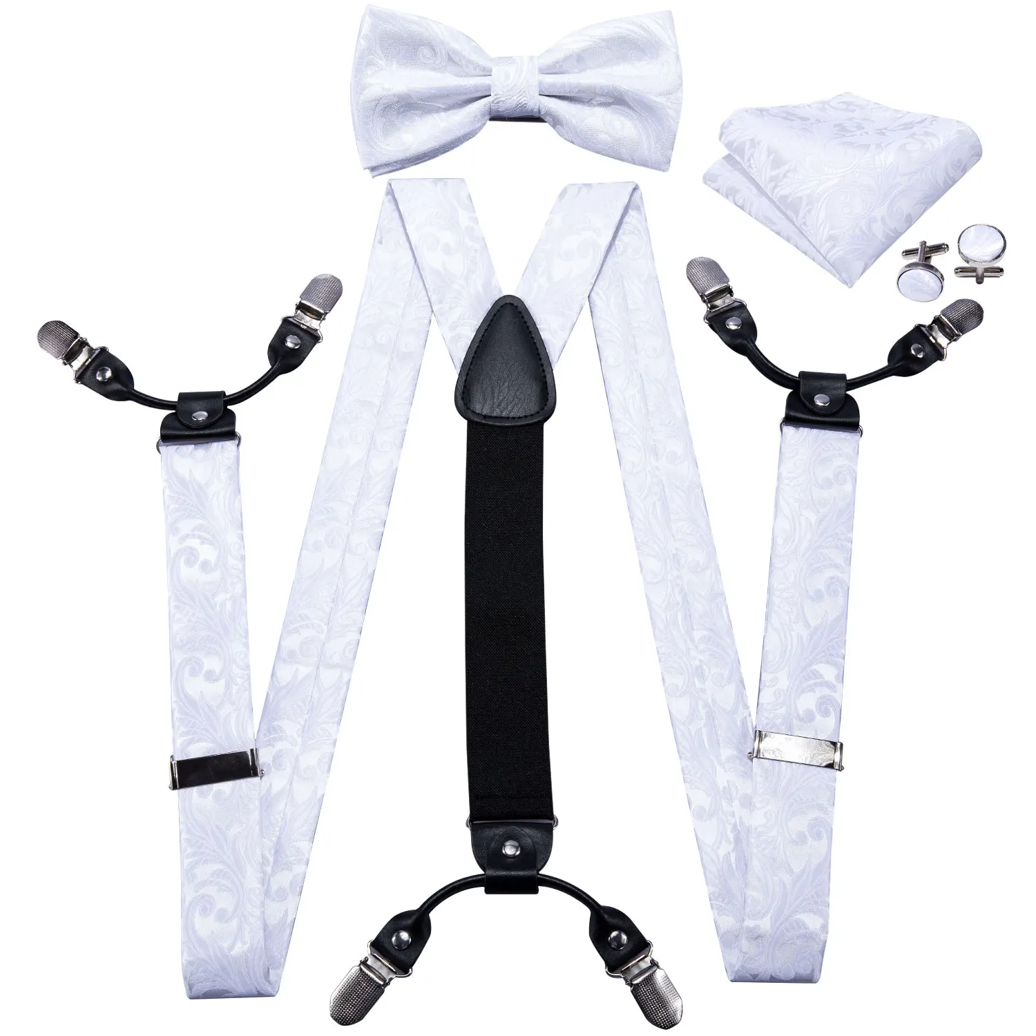 Белые подтяжки для мужчин, шелковые эластичные штаны, подтяжки, ремень, цветочный бантик, набор запонки, регулируемые подтяжки для подарка, BD-2006