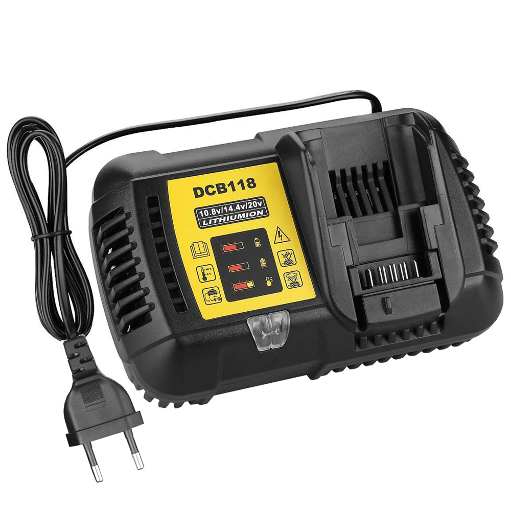 Dewalt 도구용 4.5A DCB118 리튬 이온 배터리 충전기, 고속 충전 10.8V 14.4V 18V 20V EU US 플러그 DCB200 140 105