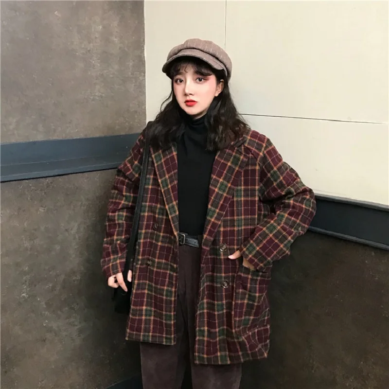 Корейский ulzzang свободное клетчатое шерстяное пальто женское осеннее Новое ins Harajuku винтажный Модный костюм воротник Кнопка Повседневная Женская куртка