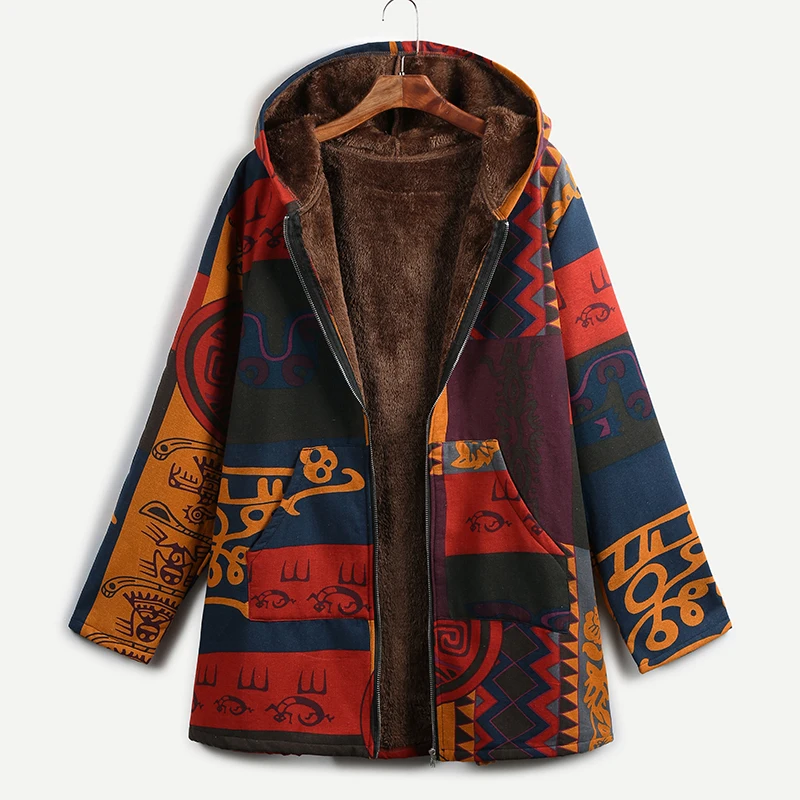 EaseHut Женская куртка с этническим принтом, пальто с открытой молнией спереди, теплое пальто с капюшоном в винтажном стиле, женская тонкая верхняя одежда, пальто размера плюс