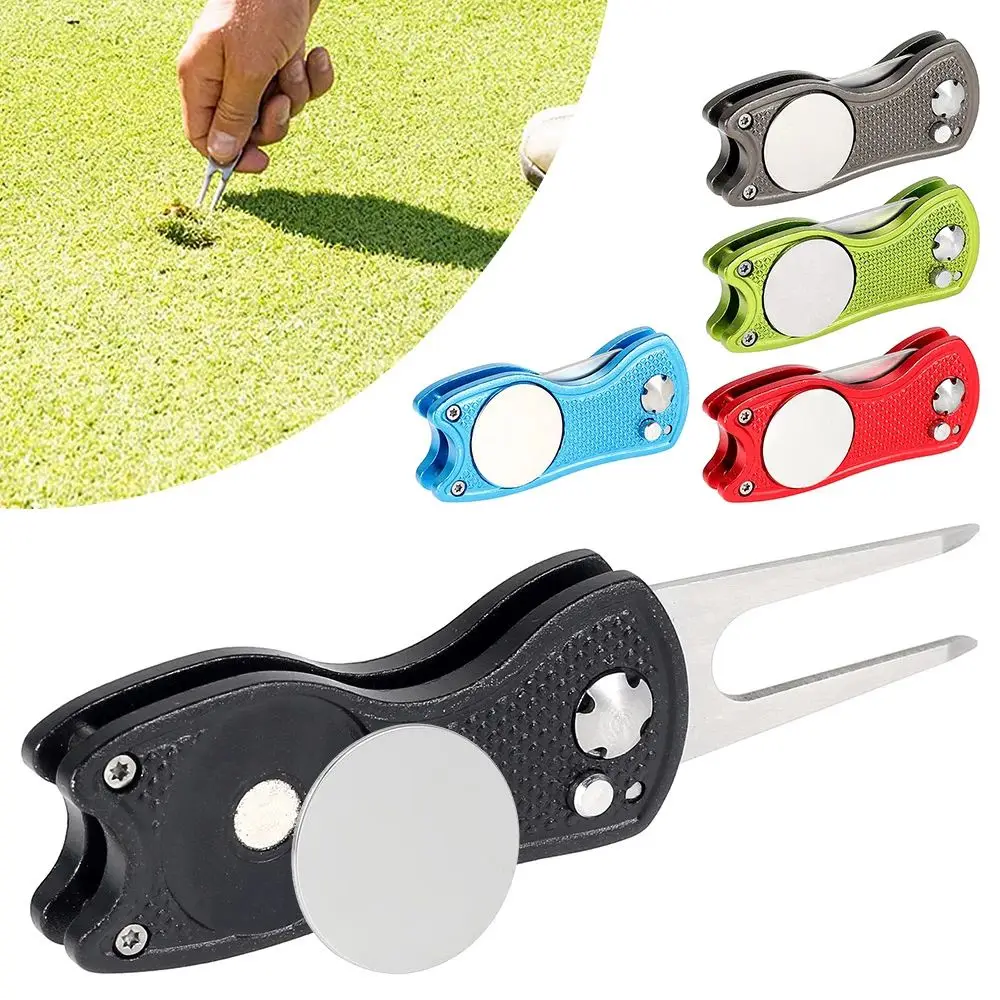 Stainless Steel Folding Golf Divot Repair Fork with Button