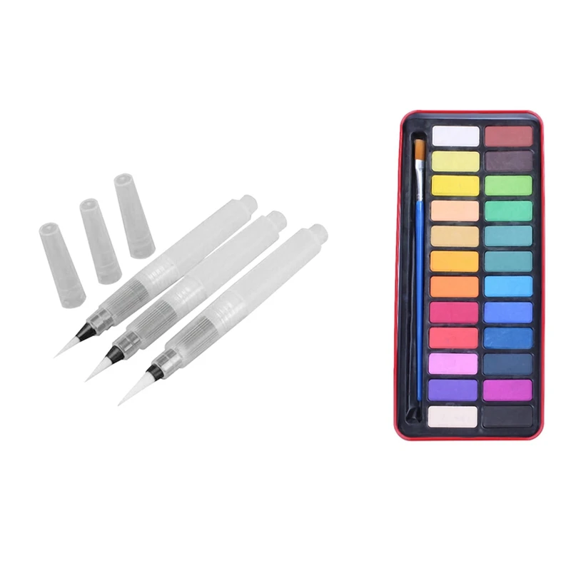 

24 Colors Solid Watercolor Paint Pigments Tablet Set with Paintbrush & Metal Box & Soft Brush Water Storage Pen Paint for Waterc