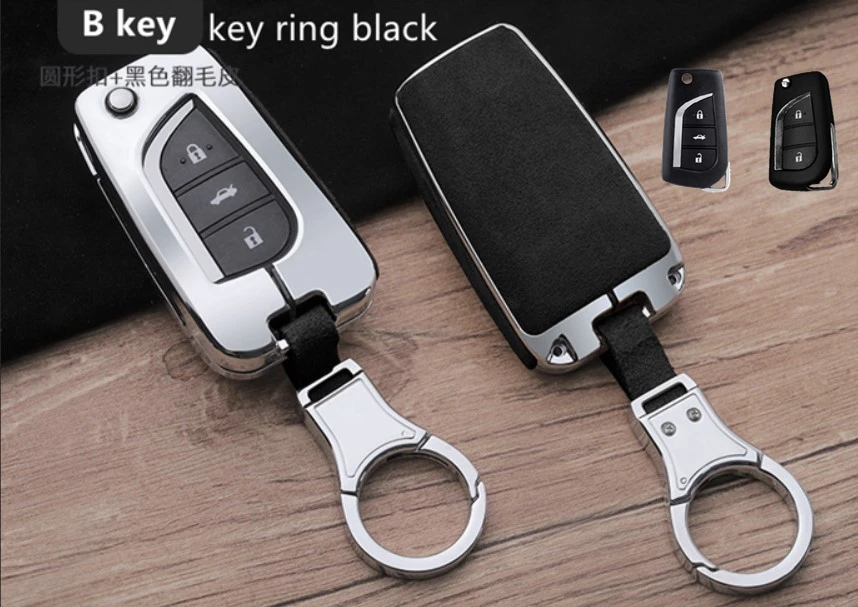 B key ring black Ткань замши автомобиля кожаного брелка для ключей держатель чехол для Toyota CHR C-HR Prado Camry Avalon Prius Corolla RAV4 LandCruiser 2/3/4 кнопки - Название цвета: B key ring black
