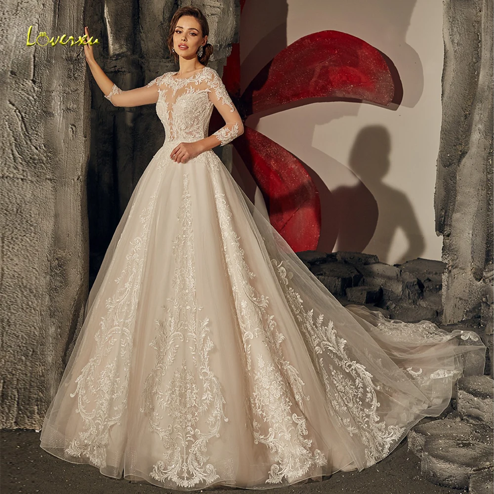 

Loverxu Illusion Scoop A Line Wedding Dresses 2019 Luxury Applique 3/4 Sleeve Bride Dress Court Train Lace Bridal Gown Plus Size
