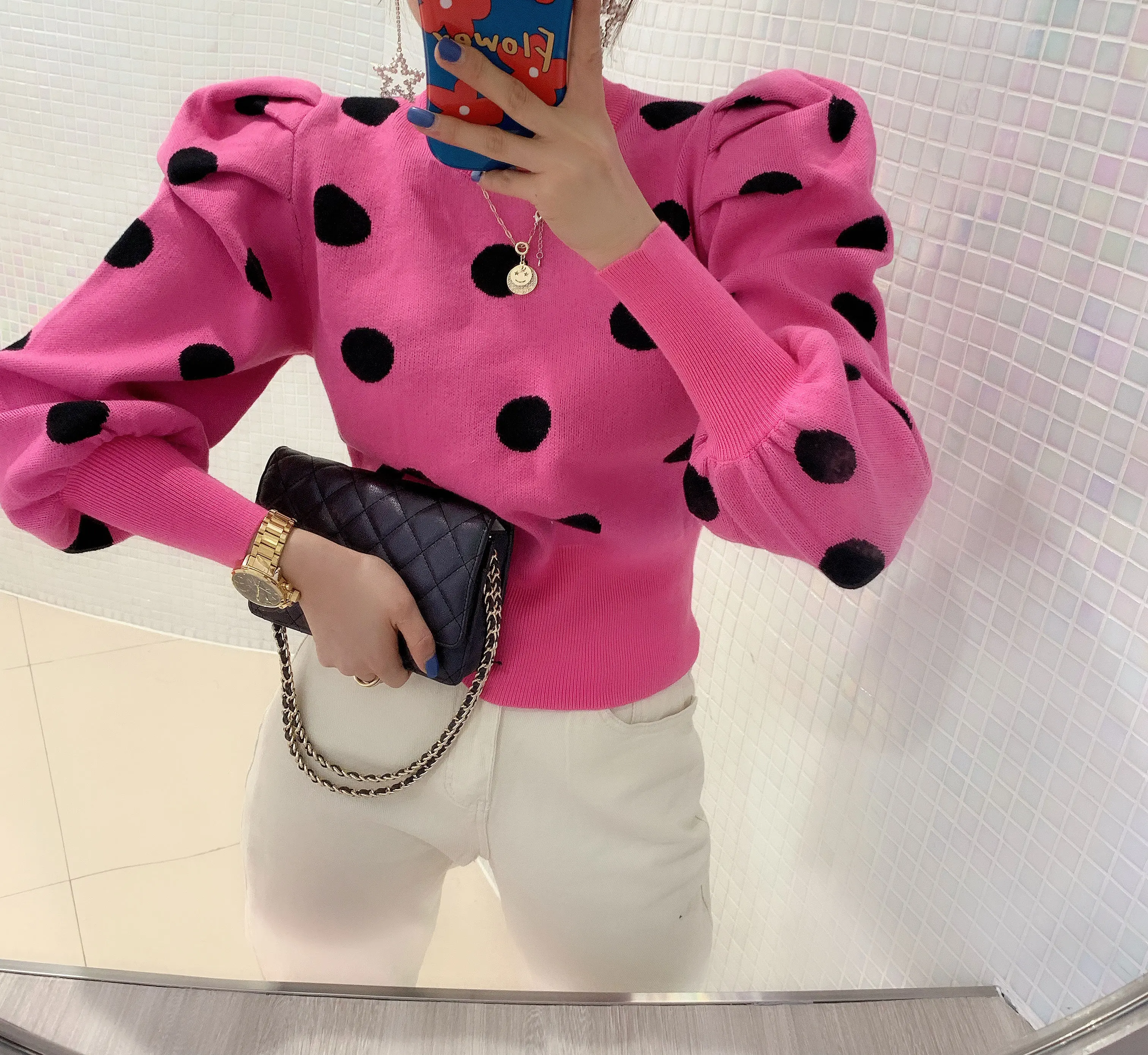 Весна, Женский вязаный свитер в горошек Kawaii, короткий длинный вязаный тонкий джемпер, женский розовый и черный вязаный женский пуловер