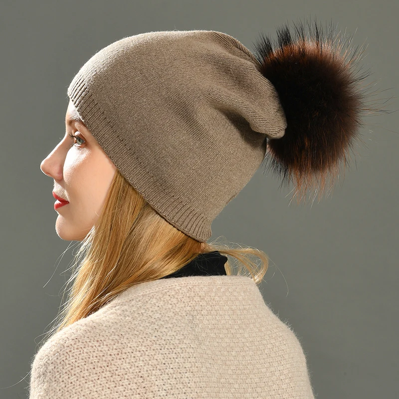 Wholesale Real Raccoon Fur Pom Pom Knitted Hat Women Beanies Cashmere Winter Hat Female Girl Cotton Skullies Wool Beanie Hat 4